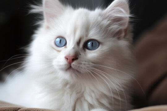 Portrait d'un chaton blanc aux yeux bleus sur une couverture marron » IA générative
