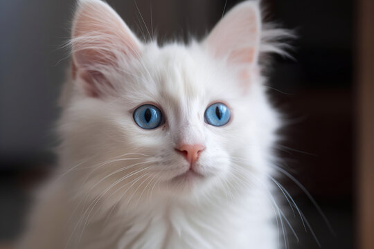 Portrait d'un chaton blanc aux yeux bleus observant autour de lui » IA générative