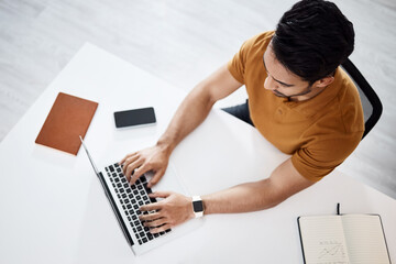 Top view, business man typing and laptop in office for planning schedule, web research and seo job....