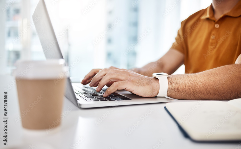 Fototapete hands typing, laptop and business man for data analytics, research or writing on web for seo job. bu