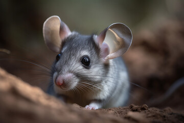 Portrait d'une souris grise vue du profil gauche se baladant dans la nature » IA générative
