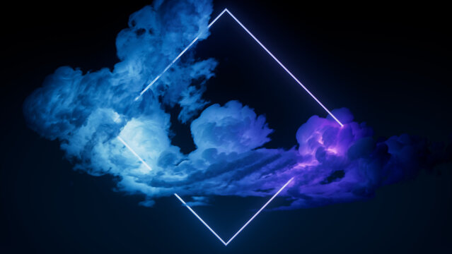 Blue and Purple Neon Light with Cloud Formation. Diamond shaped Fluorescent Frame in Dark Environment.