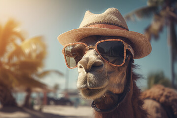 Portrait d'un chameau anthropomorphe avec chapeau à la plage » IA générative - obrazy, fototapety, plakaty
