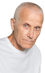 Close-up of senior man in white shirt isolated on white background