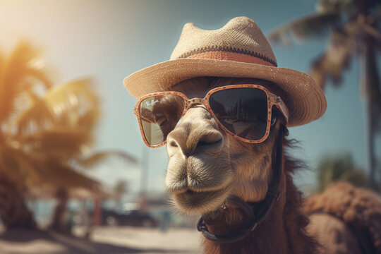 Portrait d'un chameau anthropomorphe avec chapeau &agrave; la plage &raquo; IA g&eacute;n&eacute;rative
