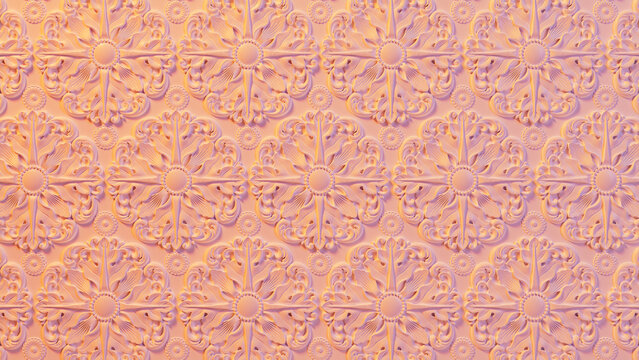Pink and Yellow 3D Rosette Pattern Background. Classical Light Ornate Wallpaper.