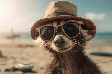 Portrait d'un raton laveur avec chapeau et lunettes de soleil à la plage » IA générative