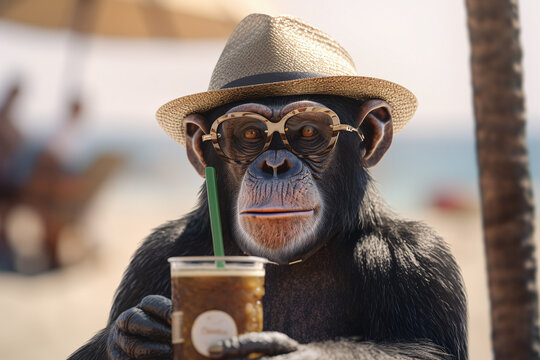 Portrait d'un chimpanz&eacute; buvant une boisson &agrave; la plage &raquo; IA g&eacute;n&eacute;rative