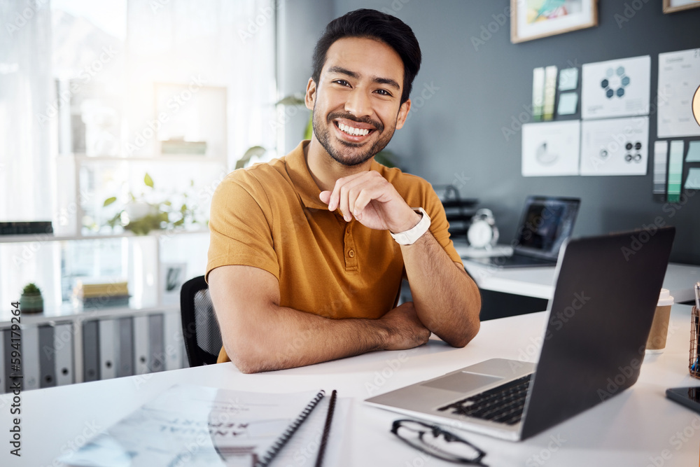 Poster smile, confidence and portrait of a man in the office with a laptop working on a corporate project. 