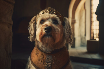 Portrait d'un chien roi avec couronne en or au temps du moyen age » IA générative - obrazy, fototapety, plakaty