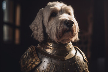 Portrait d'un chien chevalier en armure au temps du moyen age » IA générative - obrazy, fototapety, plakaty