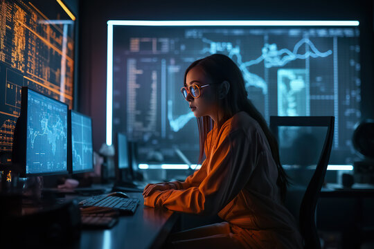 A woman sitting at a desk in front of a computer created with Generative AI technology