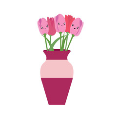 Vase with pink tulips in a vase on a white background. Spring bouquet. Vector illustration.