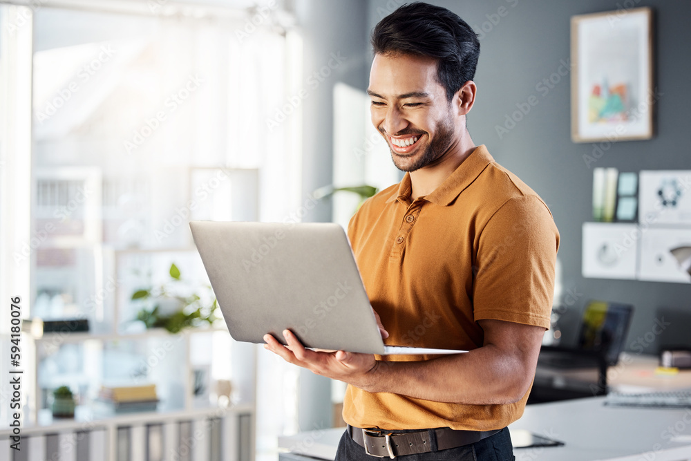 Poster laptop, office and happy man for online planning, website design and software management at tech com