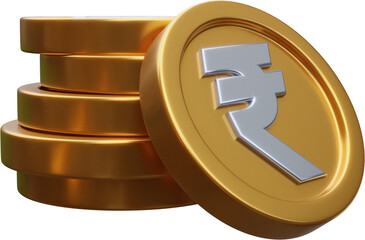 Stack of a gold rupee coin currency market financial or investment money banking treasure wealth cash and golden rupee pile economy with business earnings profit sign. 3D render	