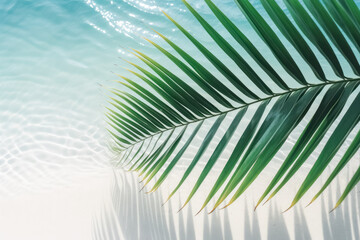 Obraz premium Summer background. Palm leaves on wave beach. Generative ai.