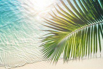 Summer background. Palm leaves on wave beach. Generative ai.