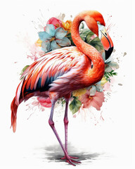 A Paradise of Flamingos, A Beautiful Pink Flamingo with Vibrant Flowers, Isolated on White Background - Generative AI