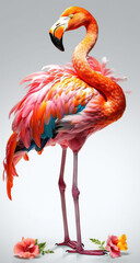 A Garden of Beauty, A Gorgeous Pink Flamingo amidst Exotic Flowers, Isolated on White Background - Generative AI