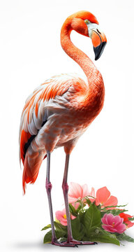 Flower Power, A Vibrant Pink Flamingo with Exotic Flowers, Isolated on White Background - Generative AI