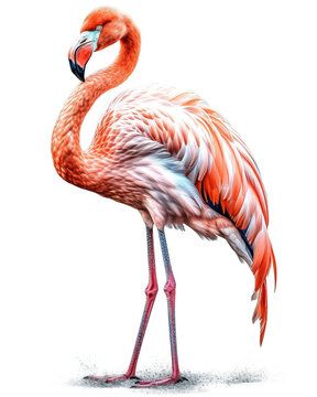 Pink and Pretty, A Beautiful Flamingo in Full Splendor, Isolated on White Background - Generative AI