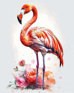The Allure of the Tropics, A Stunning Flamingo with Colorful Flowers, Isolated on White Background - Generative AI
