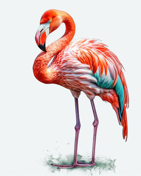 The Beauty of the Tropics, A Vibrant Flamingo with Lush Flowers, Isolated on White Background - Generative AI