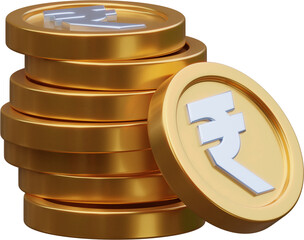 Stack of a gold rupee coin currency market financial or investment money banking treasure wealth cash and golden rupee pile economy with business earnings profit sign. 3D render	
