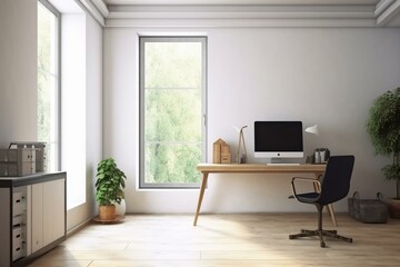 Fototapeta na wymiar Light office interior with pc computer and panoramic window. Mockup frame. Generative AI