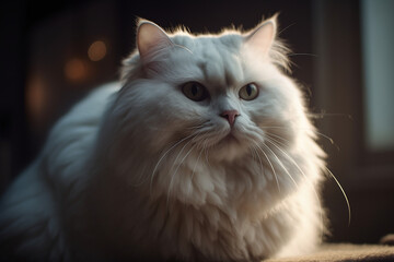 Fototapeta premium Portrait d'un gros chat blanc dans un appartement » IA générative