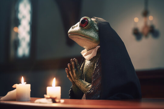 Grenouille habill&eacute;e en bonne soeur priant devant un cierge dans une &eacute;glise &raquo; IA g&eacute;n&eacute;rative