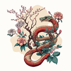 Tattoo art snake-dragon and sakura hand drawing and sketch.ai