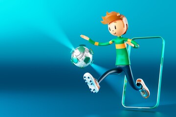 3D boy character football player in soccer action. 3d illustration. sports background concept. men kick motion. sports action person. graphic wallpaper. cartoon game soccer. creative poster layout