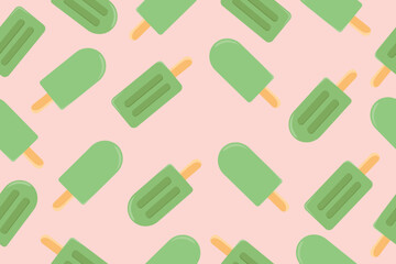 Seamless ice cream matcha pattern. Ice cream on a stick and in a waffle glass. Vector illustration