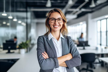 Kompetente Business Frau steht lächelnd im modernen Büro - Thema Kompetenz, Mitarbeiter oder Erfolg - Generative AI - 594182085