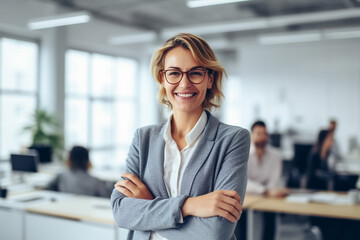 Business woman standing competently and smiling in open plan office - theme woman power, career or manager - Generative AI - obrazy, fototapety, plakaty