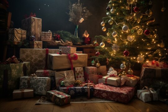 In the picture, there are brightly wrapped presents beneath a Christmas tree. Some of the gifts are small and delicate, while others are large and bulky. All of them have pretty bows. Generative AI
