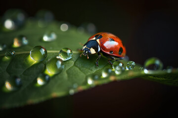 Portrait d'une coccinelle sur une feuille verte avec des gouttelettes d'eau » IA générative