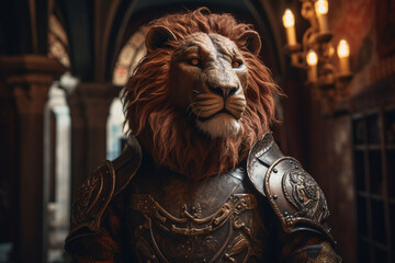 Portrait d'un lion chevalier en armure au temps du moyen age » IA générative - obrazy, fototapety, plakaty