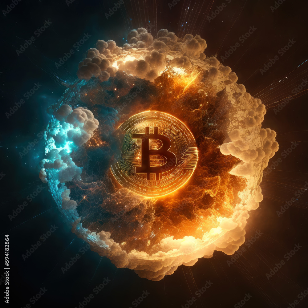 Poster bitcoin on cosmic fire background. generative ai.