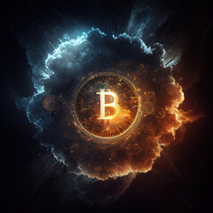 Bitcoin on cosmic fire background. generative ai.