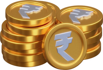 Stack of a gold rupee coin currency market financial or investment money banking treasure wealth cash and golden rupee pile economy with business earnings profit sign. 3D render	