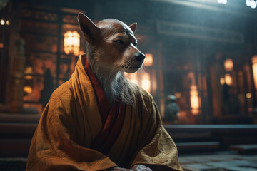 Portrait d'un loup moine shaolin dans un temple » IA générative