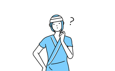 疑問を持って首をかしげる頭に包帯を巻いた女性入院患者