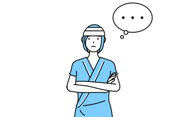 腕を組んで考える頭に包帯を巻いた女性入院患者