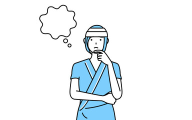 顔をかきながら考える頭に包帯を巻いた女性入院患者