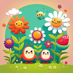 Happy easy cute cartoon illustration of a garden scene with a cute cartoon flower generative aI
