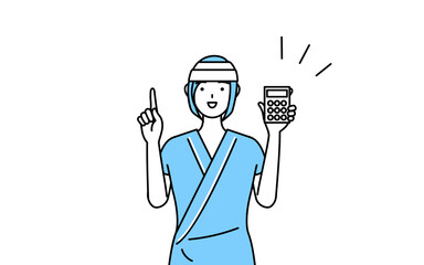 電卓を持って指さす頭に包帯を巻いた女性入院患者