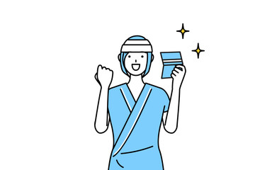 預金通帳を見て喜ぶ頭に包帯を巻いた女性入院患者