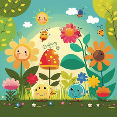 Naklejka premium Happy easy cute cartoon illustration of a garden scene with a cute cartoon flower generative aI